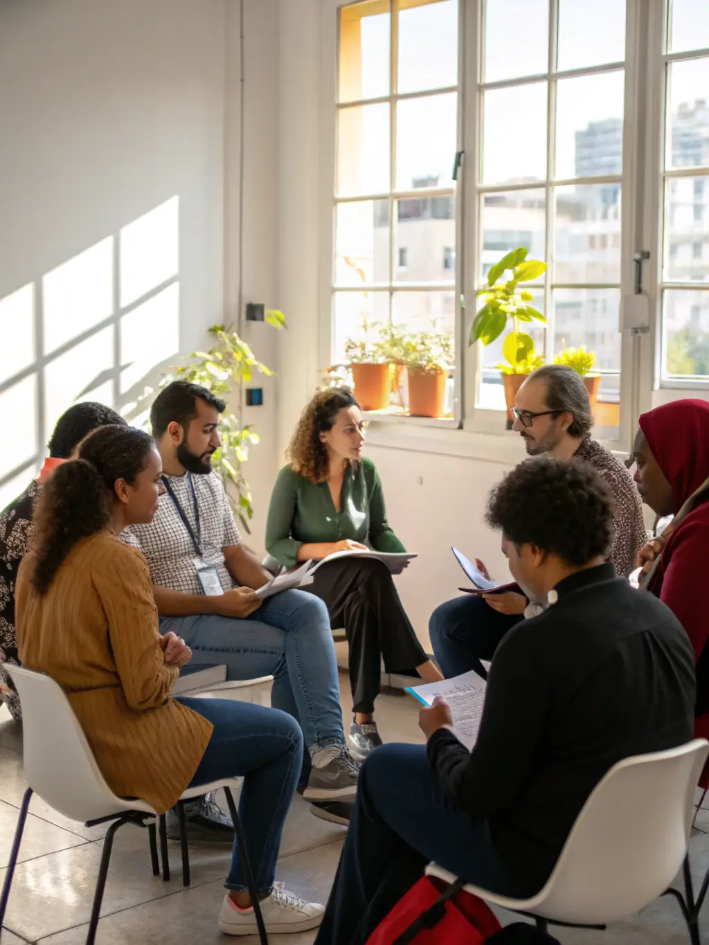 A diverse group of people engaging in open and respectful communication, facilitated by AI-powered tools that promote understanding and empathy.
