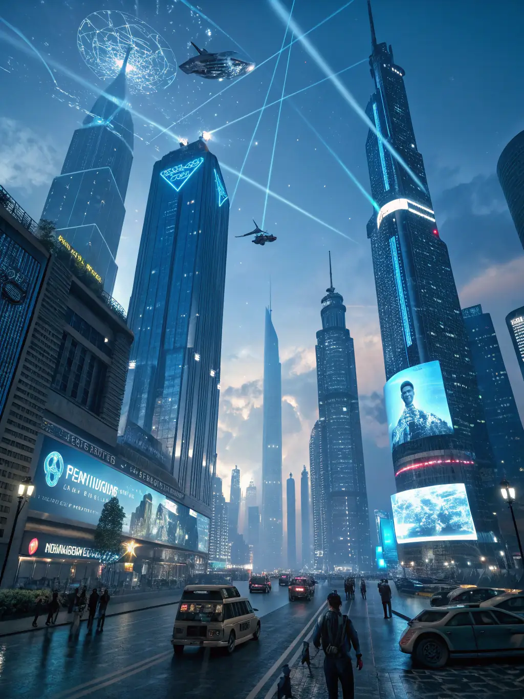 A still from an AI-generated science fiction movie, showcasing a futuristic cityscape with flying vehicles and advanced technology, used to attract viewers interested in innovative film.