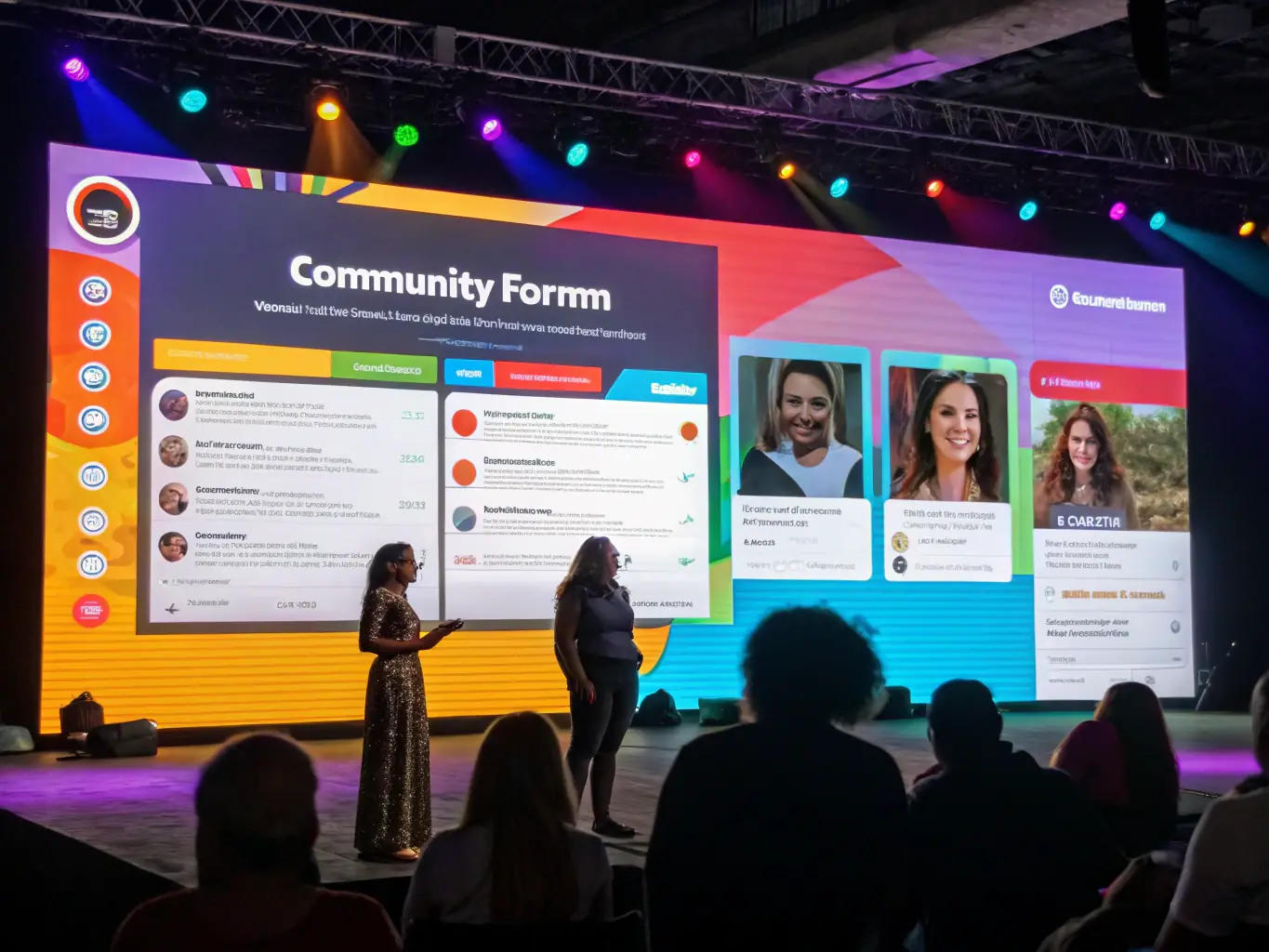 A group of diverse users interacting within a virtual forum, showcasing the platform's community features with various avatars and discussion threads.