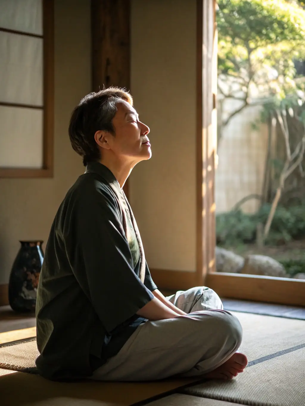 A serene image depicting a person meditating with AI-generated visualizations of emotional well-being and connection, representing the platform's approach to sex guidance.