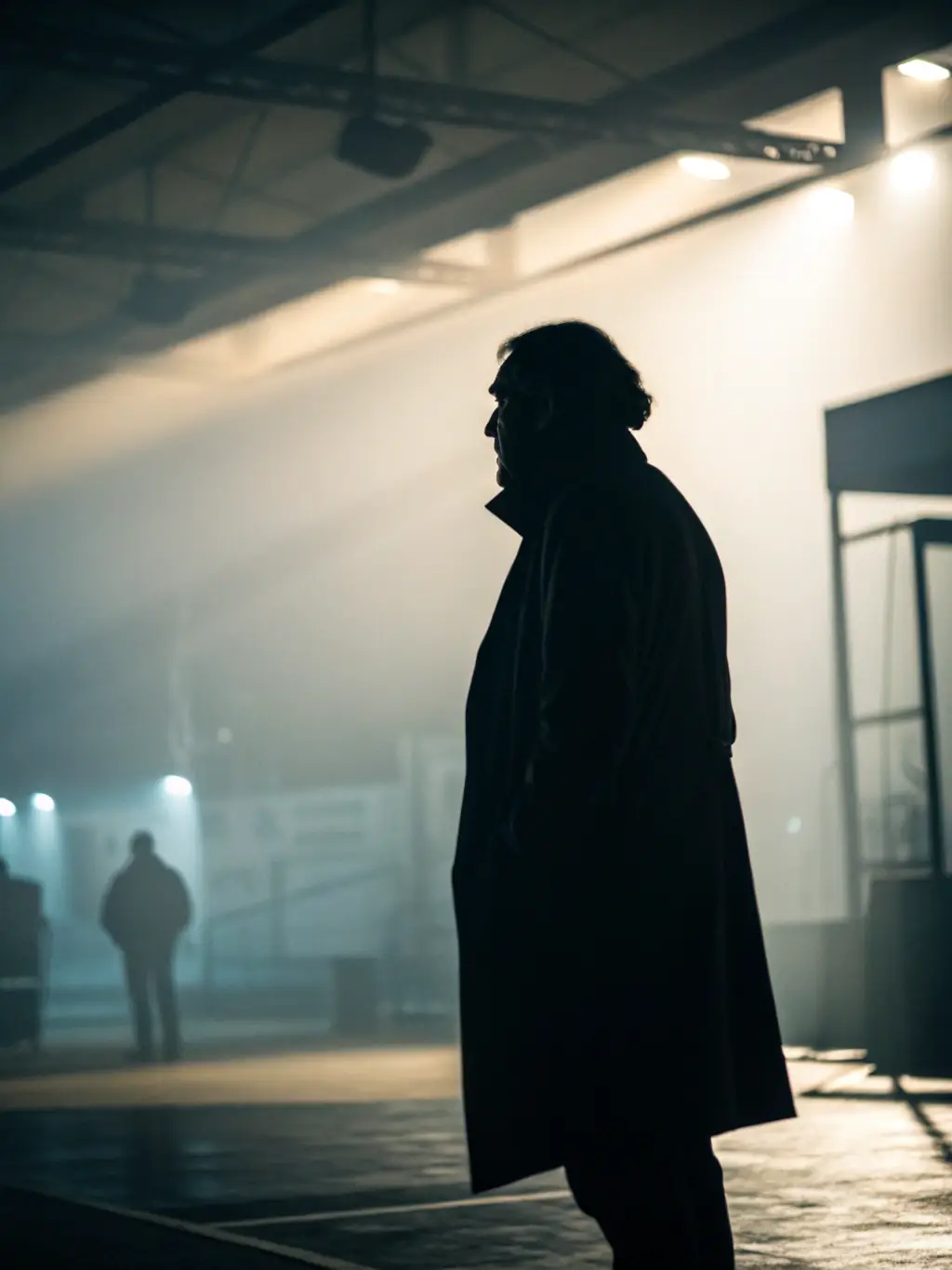 A suspenseful shot from an AI-generated mystery thriller, showing a dimly lit room with a mysterious figure in the shadows, intended to draw in viewers who enjoy suspenseful stories.