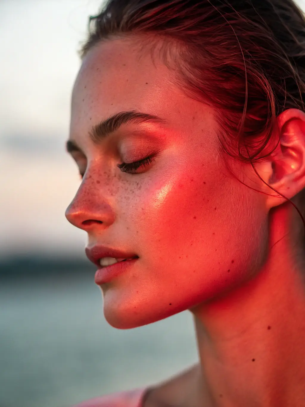 A close-up shot of a person's face being digitally enhanced with AI, showcasing skin smoothing and blemish removal.
